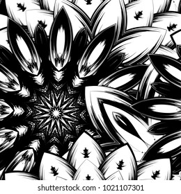 Seamless floral background. Tracery handmade nature ethnic fabric backdrop pattern with saturated dark flowers. Textile design texture. Decorative binary monochrome black and white art. Vector