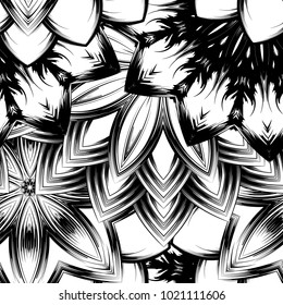 Seamless floral background. Tracery handmade nature ethnic fabric backdrop pattern with saturated dark flowers. Textile design texture. Decorative binary monochrome black and white art. Vector