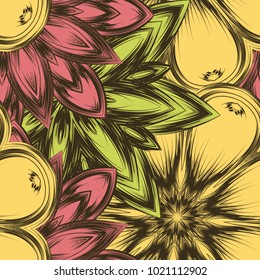 Seamless floral background. Tracery handmade nature ethnic fabric backdrop pattern with flowers. Textile design texture. Decorative color art. Vector