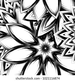 Seamless floral background. Tracery handmade nature ethnic fabric backdrop pattern with saturated dark flowers. Textile design texture. Decorative binary monochrome black and white art. Vector