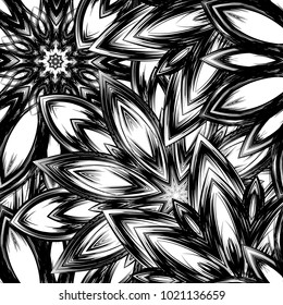 Seamless floral background. Tracery handmade nature ethnic fabric backdrop pattern with saturated dark flowers. Textile design texture. Decorative binary monochrome black and white art. Vector