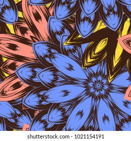 Seamless floral background. Tracery handmade nature ethnic fabric backdrop pattern with flowers. Textile design texture. Decorative color art. Vector