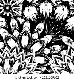 Seamless floral background. Tracery handmade nature ethnic fabric backdrop pattern with saturated dark flowers. Textile design texture. Decorative binary monochrome black and white art. Vector