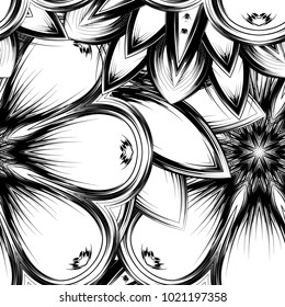 Seamless floral background. Tracery handmade nature ethnic fabric backdrop pattern with saturated dark flowers. Textile design texture. Decorative binary monochrome black and white art. Vector