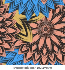 Seamless floral background. Tracery handmade nature ethnic fabric backdrop pattern with flowers. Textile design texture. Decorative color art. Vector