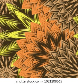 Seamless floral background. Tracery handmade nature ethnic fabric backdrop pattern with flowers. Textile design texture. Decorative color art. Vector