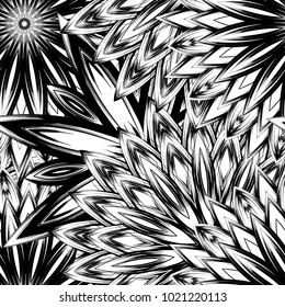 Seamless floral background. Tracery handmade nature ethnic fabric backdrop pattern with saturated dark flowers. Textile design texture. Decorative binary monochrome black and white art. Vector