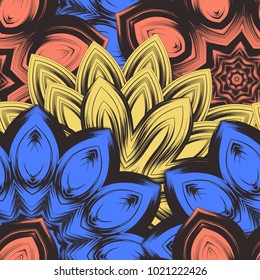 Seamless floral background. Tracery handmade nature ethnic fabric backdrop pattern with flowers. Textile design texture. Decorative color art. Vector