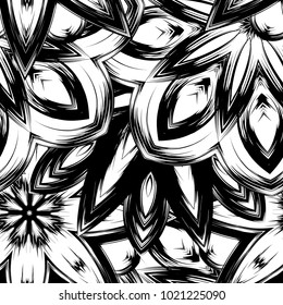 Seamless floral background. Tracery handmade nature ethnic fabric backdrop pattern with saturated dark flowers. Textile design texture. Decorative binary monochrome black and white art. Vector