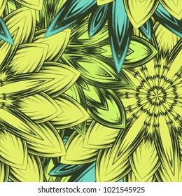 Seamless floral background. Tracery handmade nature ethnic fabric backdrop pattern with flowers. Textile design texture. Decorative color art. Vector