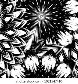 Seamless floral background. Tracery handmade nature ethnic fabric backdrop pattern with saturated dark flowers. Textile design texture. Decorative binary monochrome black and white art. Vector