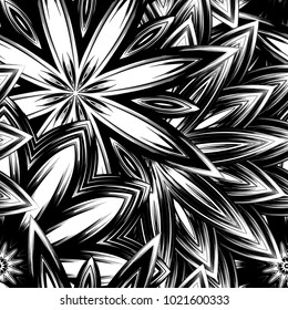 Seamless floral background. Tracery handmade nature ethnic fabric backdrop pattern with saturated dark flowers. Textile design texture. Decorative binary monochrome black and white art. Vector