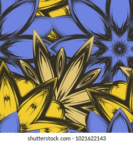 Seamless floral background. Tracery handmade nature ethnic fabric backdrop pattern with flowers. Textile design texture. Decorative color art. Vector