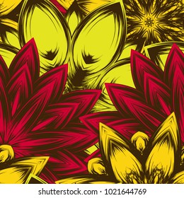 Seamless floral background. Tracery handmade nature ethnic fabric backdrop pattern with flowers. Textile design texture. Decorative color art. Vector
