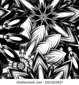 Seamless floral background. Tracery handmade nature ethnic fabric backdrop pattern with saturated dark flowers. Textile design texture. Decorative binary monochrome black and white art. Vector