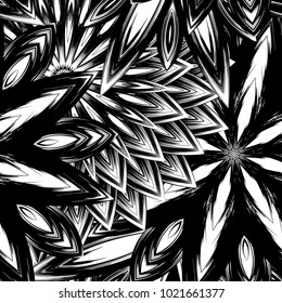 Seamless floral background. Tracery handmade nature ethnic fabric backdrop pattern with saturated dark flowers. Textile design texture. Decorative binary monochrome black and white art. Vector