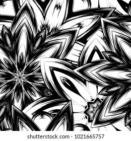 Seamless floral background. Tracery handmade nature ethnic fabric backdrop pattern with saturated dark flowers. Textile design texture. Decorative binary monochrome black and white art. Vector