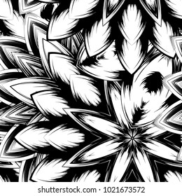 Seamless floral background. Tracery handmade nature ethnic fabric backdrop pattern with saturated dark flowers. Textile design texture. Decorative binary monochrome black and white art. Vector