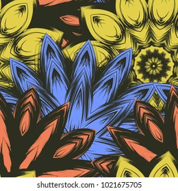 Seamless floral background. Tracery handmade nature ethnic fabric backdrop pattern with flowers. Textile design texture. Decorative color art. Vector