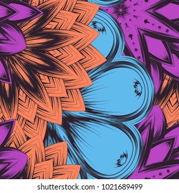 Seamless floral background. Tracery handmade nature ethnic fabric backdrop pattern with flowers. Textile design texture. Decorative color art. Vector
