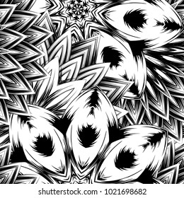 Seamless floral background. Tracery handmade nature ethnic fabric backdrop pattern with saturated dark flowers. Textile design texture. Decorative binary monochrome black and white art. Vector