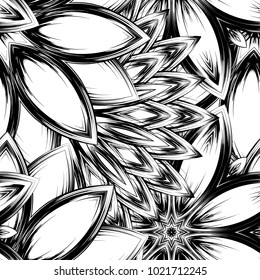Seamless floral background. Tracery handmade nature ethnic fabric backdrop pattern with saturated dark flowers. Textile design texture. Decorative binary monochrome black and white art. Vector