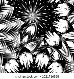 Seamless floral background. Tracery handmade nature ethnic fabric backdrop pattern with saturated dark flowers. Textile design texture. Decorative binary monochrome black and white art. Vector