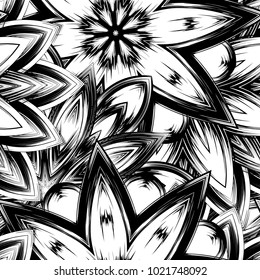 Seamless floral background. Tracery handmade nature ethnic fabric backdrop pattern with saturated dark flowers. Textile design texture. Decorative binary monochrome black and white art. Vector