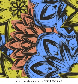 Seamless floral background. Tracery handmade nature ethnic fabric backdrop pattern with flowers. Textile design texture. Decorative color art. Vector