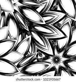 Seamless floral background. Tracery handmade nature ethnic fabric backdrop pattern with saturated dark flowers. Textile design texture. Decorative binary monochrome black and white art. Vector