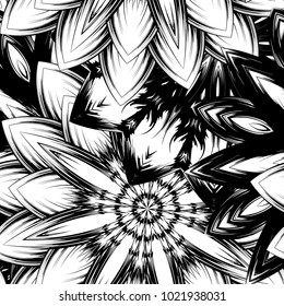 Seamless floral background. Tracery handmade nature ethnic fabric backdrop pattern with saturated dark flowers. Textile design texture. Decorative binary monochrome black and white art. Vector