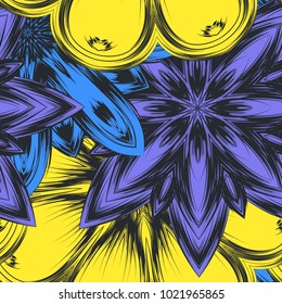 Seamless floral background. Tracery handmade nature ethnic fabric backdrop pattern with flowers. Textile design texture. Decorative color art. Vector