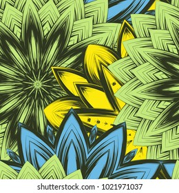 Seamless floral background. Tracery handmade nature ethnic fabric backdrop pattern with flowers. Textile design texture. Decorative color art. Vector