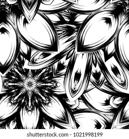 Seamless floral background. Tracery handmade nature ethnic fabric backdrop pattern with saturated dark flowers. Textile design texture. Decorative binary monochrome black and white art. Vector