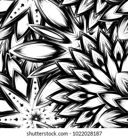 Seamless floral background. Tracery handmade nature ethnic fabric backdrop pattern with saturated dark flowers. Textile design texture. Decorative binary monochrome black and white art. Vector