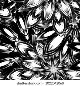 Seamless floral background. Tracery handmade nature ethnic fabric backdrop pattern with saturated dark flowers. Textile design texture. Decorative binary monochrome black and white art. Vector