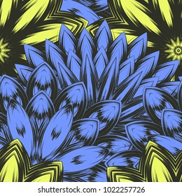 Seamless floral background. Tracery handmade nature ethnic fabric backdrop pattern with flowers. Textile design texture. Decorative color art. Vector