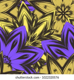 Seamless floral background. Tracery handmade nature ethnic fabric backdrop pattern with flowers. Textile design texture. Decorative color art. Vector