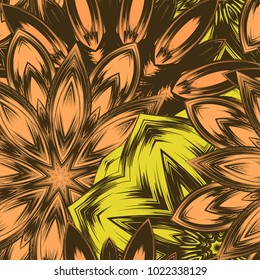 Seamless floral background. Tracery handmade nature ethnic fabric backdrop pattern with flowers. Textile design texture. Decorative color art. Vector