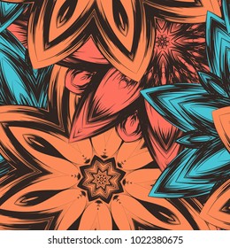 Seamless floral background. Tracery handmade nature ethnic fabric backdrop pattern with flowers. Textile design texture. Decorative color art. Vector
