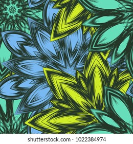 Seamless floral background. Tracery handmade nature ethnic fabric backdrop pattern with flowers. Textile design texture. Decorative color art. Vector