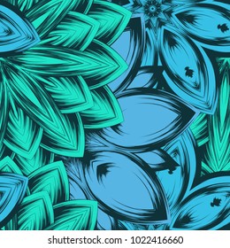 Seamless floral background. Tracery handmade nature ethnic fabric backdrop pattern with flowers. Textile design texture. Decorative color art. Vector