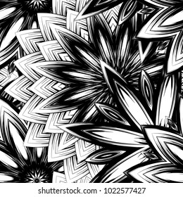 Seamless floral background. Tracery handmade nature ethnic fabric backdrop pattern with saturated dark flowers. Textile design texture. Decorative binary monochrome black and white art. Vector