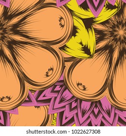Seamless floral background. Tracery handmade nature ethnic fabric backdrop pattern with flowers. Textile design texture. Decorative color art. Vector