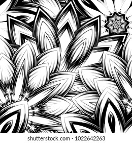 Seamless floral background. Tracery handmade nature ethnic fabric backdrop pattern with saturated dark flowers. Textile design texture. Decorative binary monochrome black and white art. Vector
