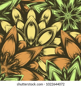 Seamless floral background. Tracery handmade nature ethnic fabric backdrop pattern with flowers. Textile design texture. Decorative color art. Vector