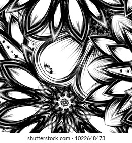 Seamless floral background. Tracery handmade nature ethnic fabric backdrop pattern with saturated dark flowers. Textile design texture. Decorative binary monochrome black and white art. Vector