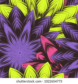 Seamless floral background. Tracery handmade nature ethnic fabric backdrop pattern with flowers. Textile design texture. Decorative color art. Vector