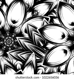 Seamless floral background. Tracery handmade nature ethnic fabric backdrop pattern with saturated dark flowers. Textile design texture. Decorative binary monochrome black and white art. Vector