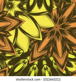 Seamless floral background. Tracery handmade nature ethnic fabric backdrop pattern with flowers. Textile design texture. Decorative color art. Vector